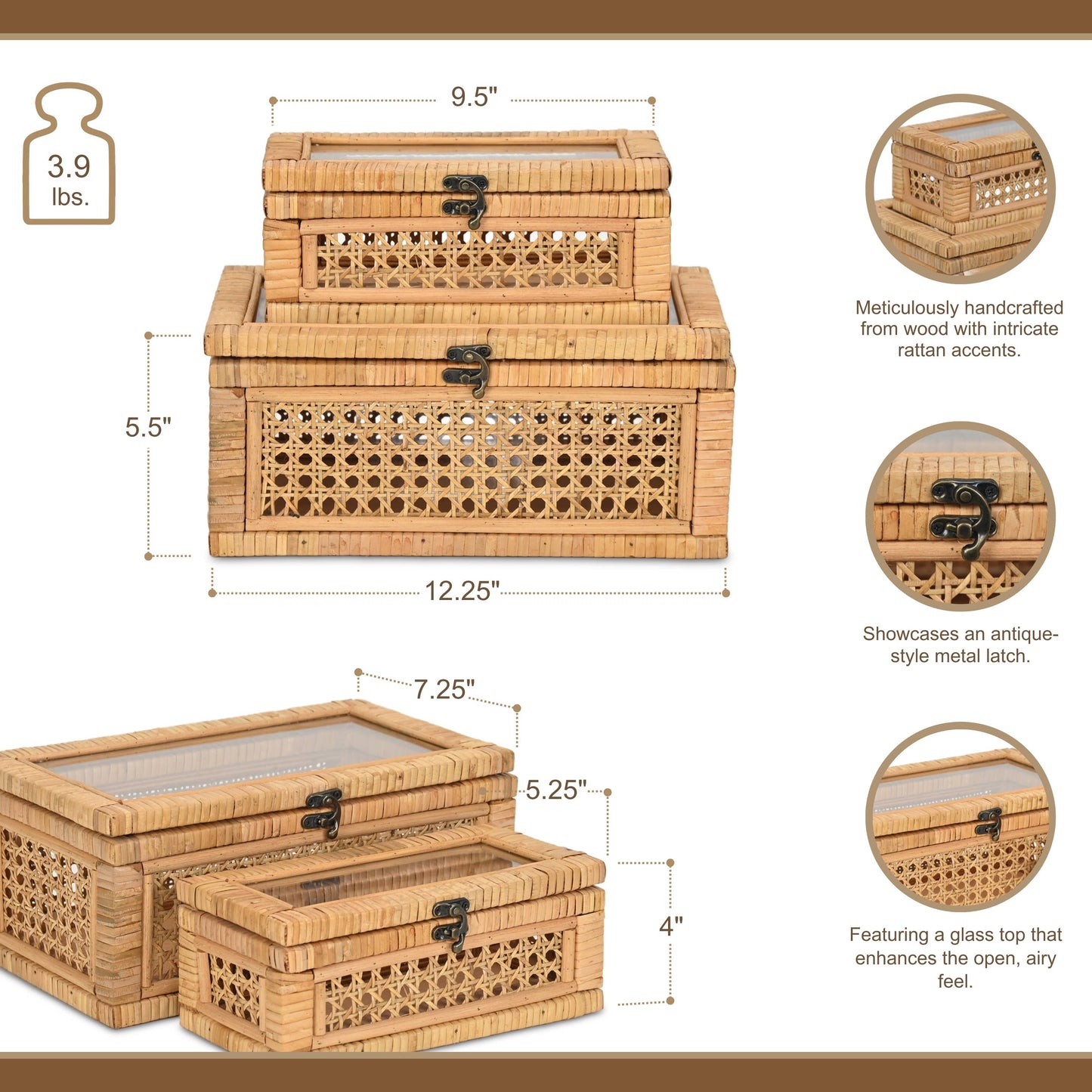 Brielle Set of 2 Rectangular Rattan & Glass Boxes