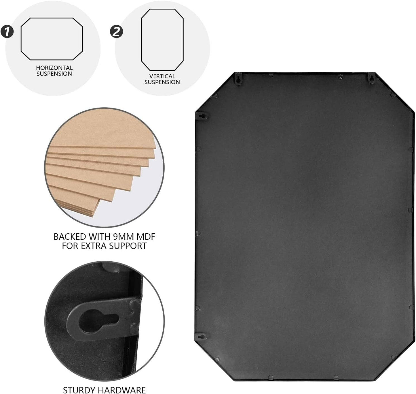 Octagon Wall Mirror Black Bathroom Metal Framed 20"x28"