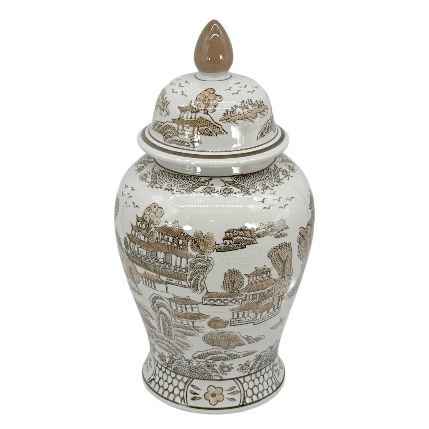 Brown & White Chinoiserie Ginger Jar