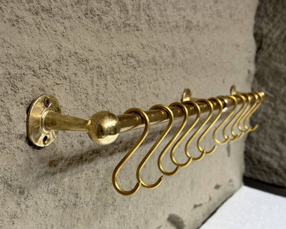 Unlacquered Brass Wall Mounted Pot Rack With Hooks