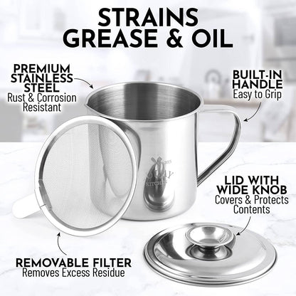 Bacon Grease Container With Strainer & Lid - 1 Liter