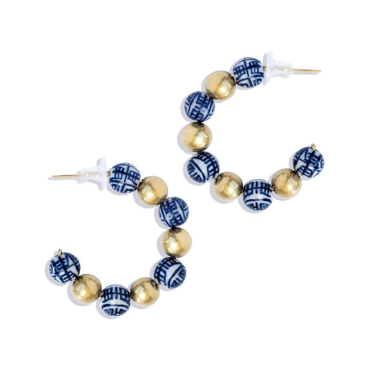 Blue & White Porcelain: Gold Hoop Earrings