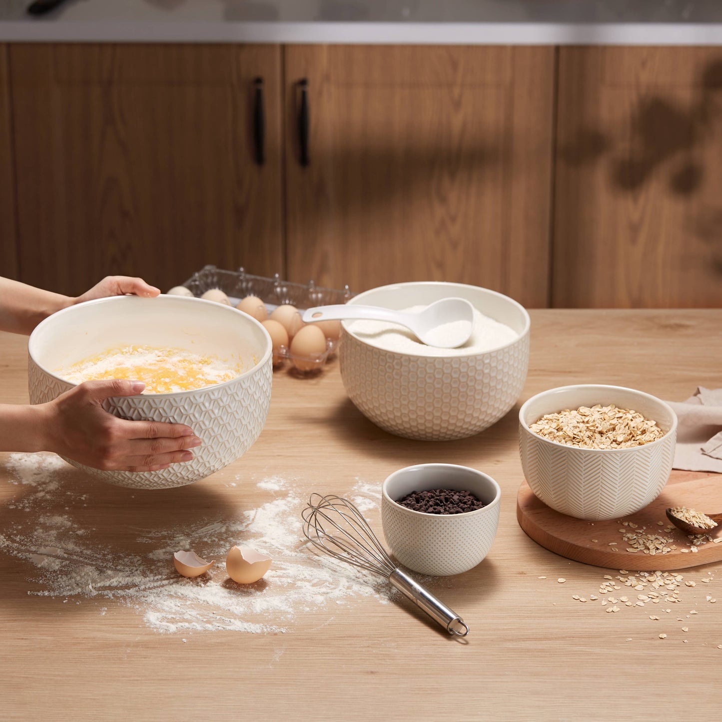 Kook Ceramic Nesting Bowls, 20/44/98/145 oz, Cream