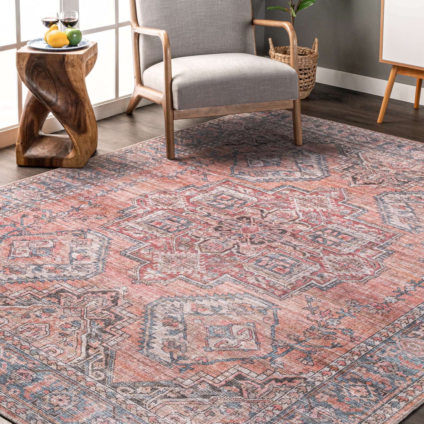 Maple Machine Washable Floral Medallion Area Rug