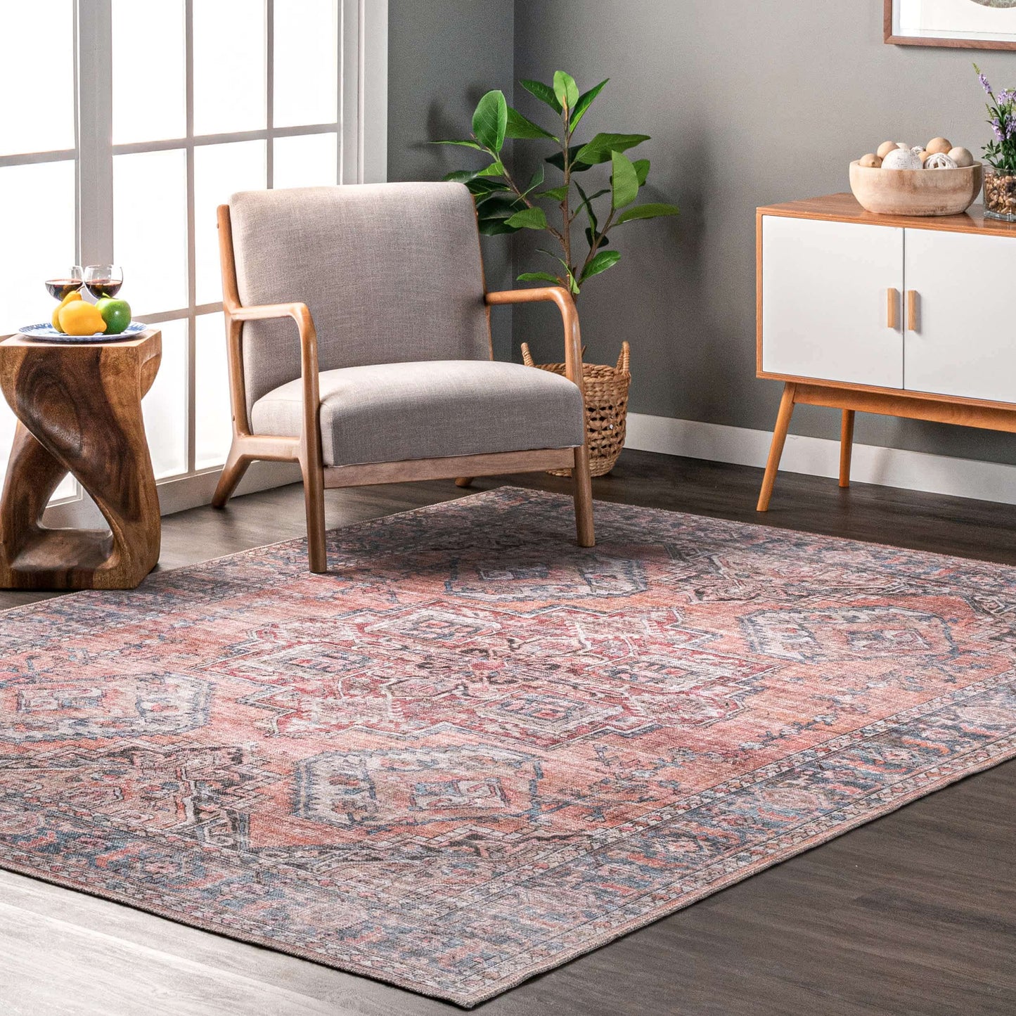 Maple Machine Washable Floral Medallion Area Rug