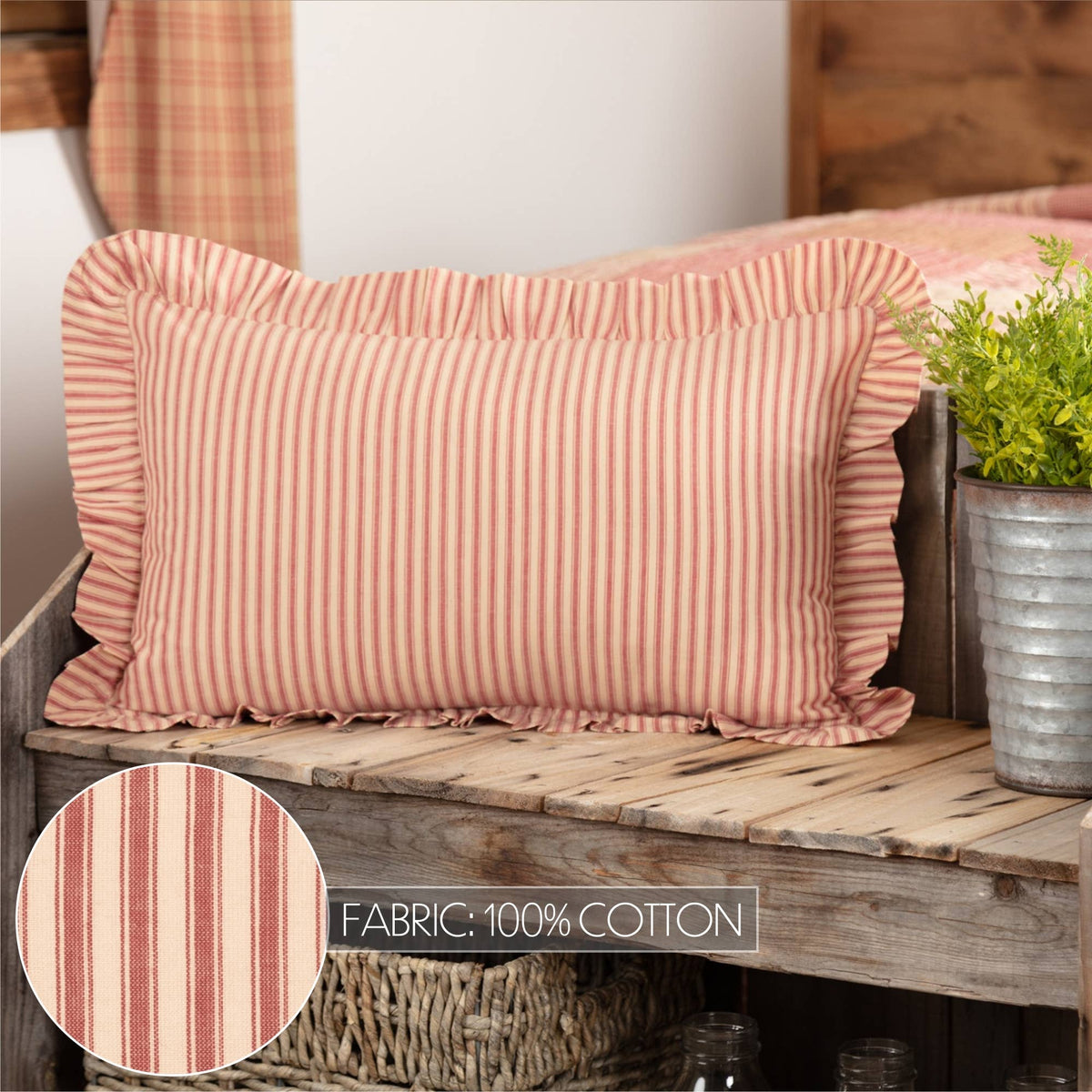 Red Ticking Stripe Ruffled Throw Pillow