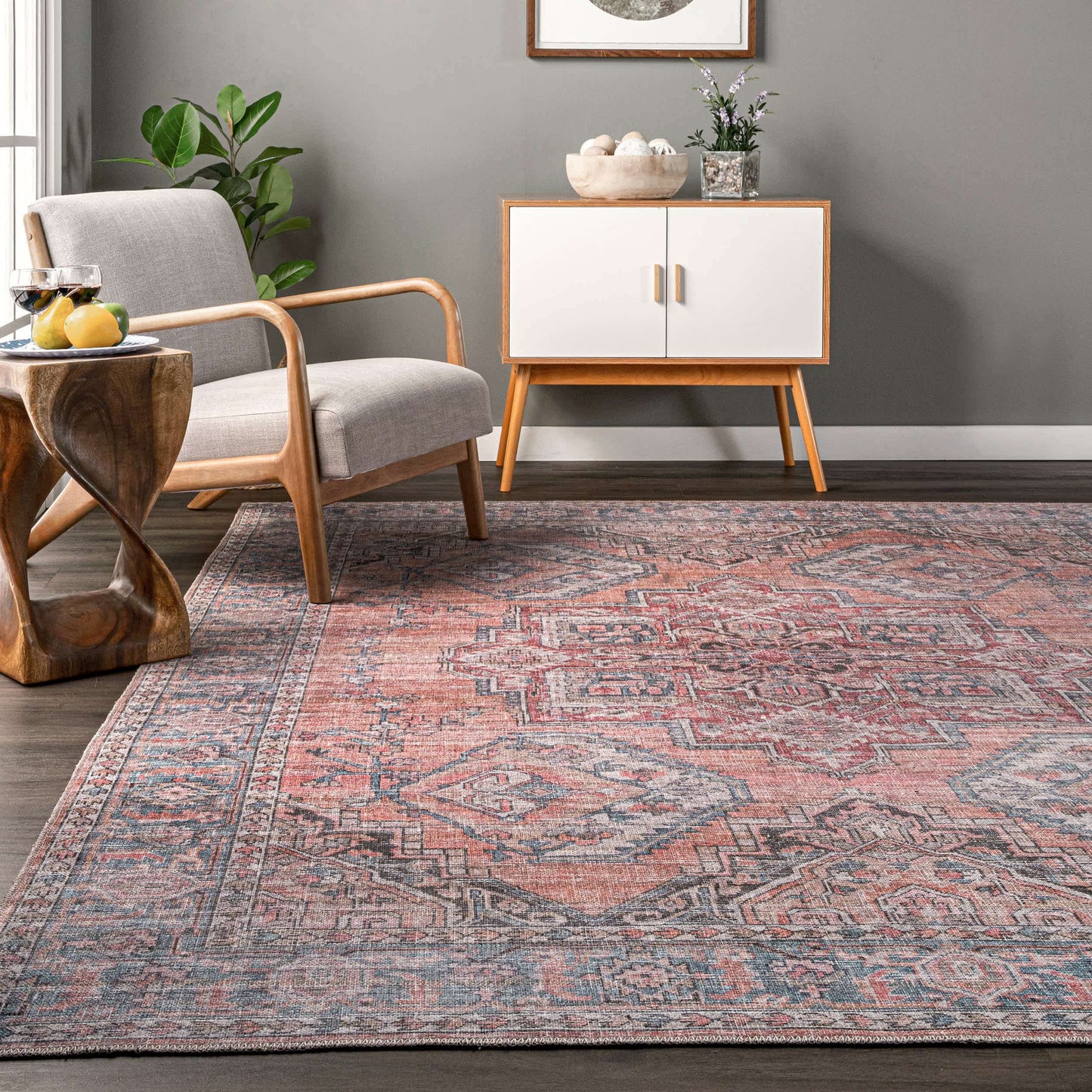 Maple Machine Washable Floral Medallion Area Rug