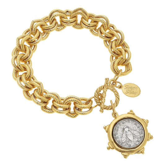 Mixed Metal Bee Lira + Double Linked Chain Bracelet