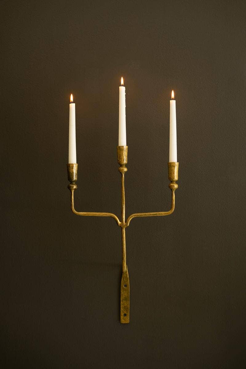 TRIPLE TAPER FORGED-IRON WALL SCONCE - ANTIQUE BRASS