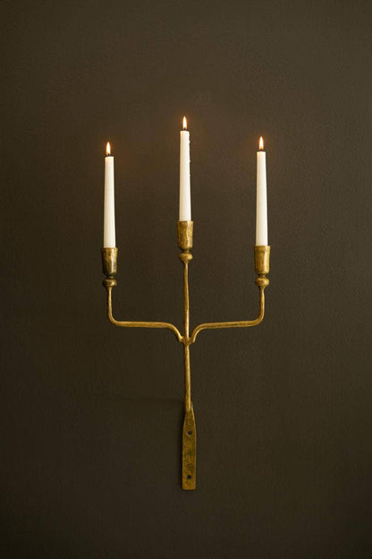 TRIPLE TAPER FORGED-IRON WALL SCONCE - ANTIQUE BRASS