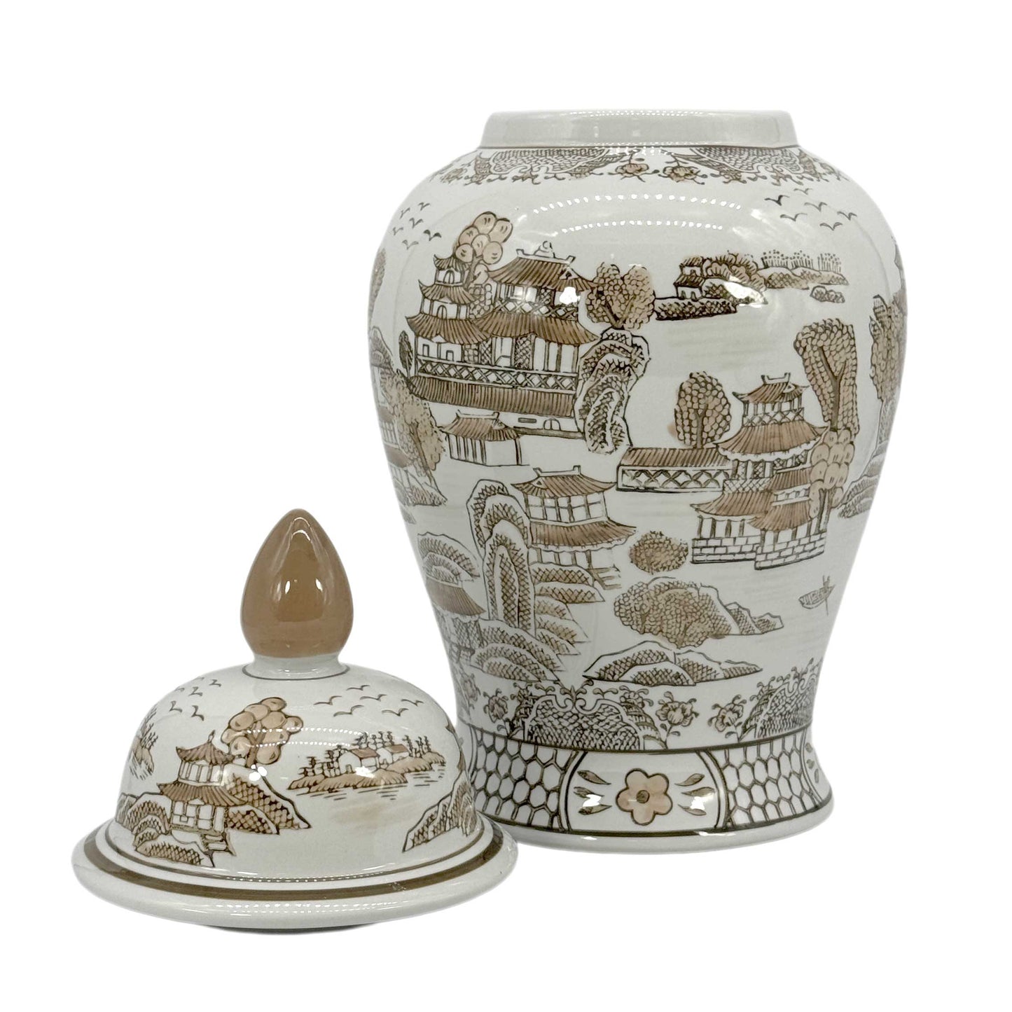 Brown & White Chinoiserie Ginger Jar