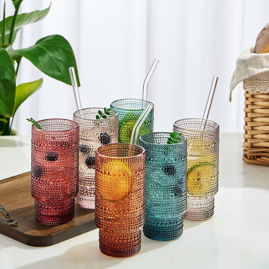Hobnail Highball Glasses | Set of 6 | with Glass Straws